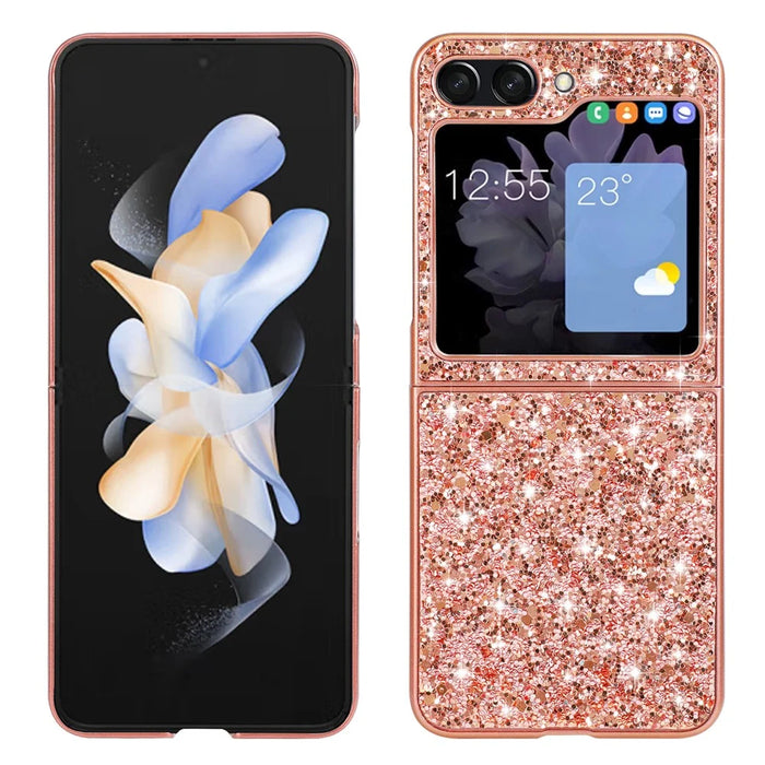 For Samsung Galaxy Z Flip5 5G Glitter Sequins Bling Case TPU Frame Back PC Electroplating Phone Cover - Rose Gold - 1