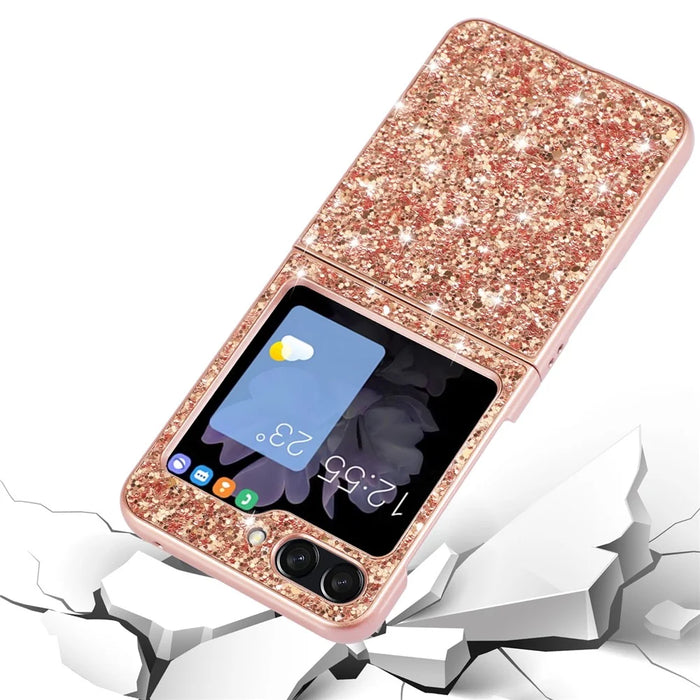 For Samsung Galaxy Z Flip5 5G Glitter Sequins Bling Case TPU Frame Back PC Electroplating Phone Cover - Rose Gold - 2