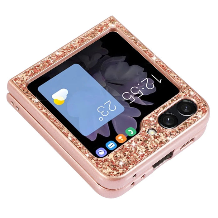 For Samsung Galaxy Z Flip5 5G Glitter Sequins Bling Case TPU Frame Back PC Electroplating Phone Cover - Rose Gold - 5
