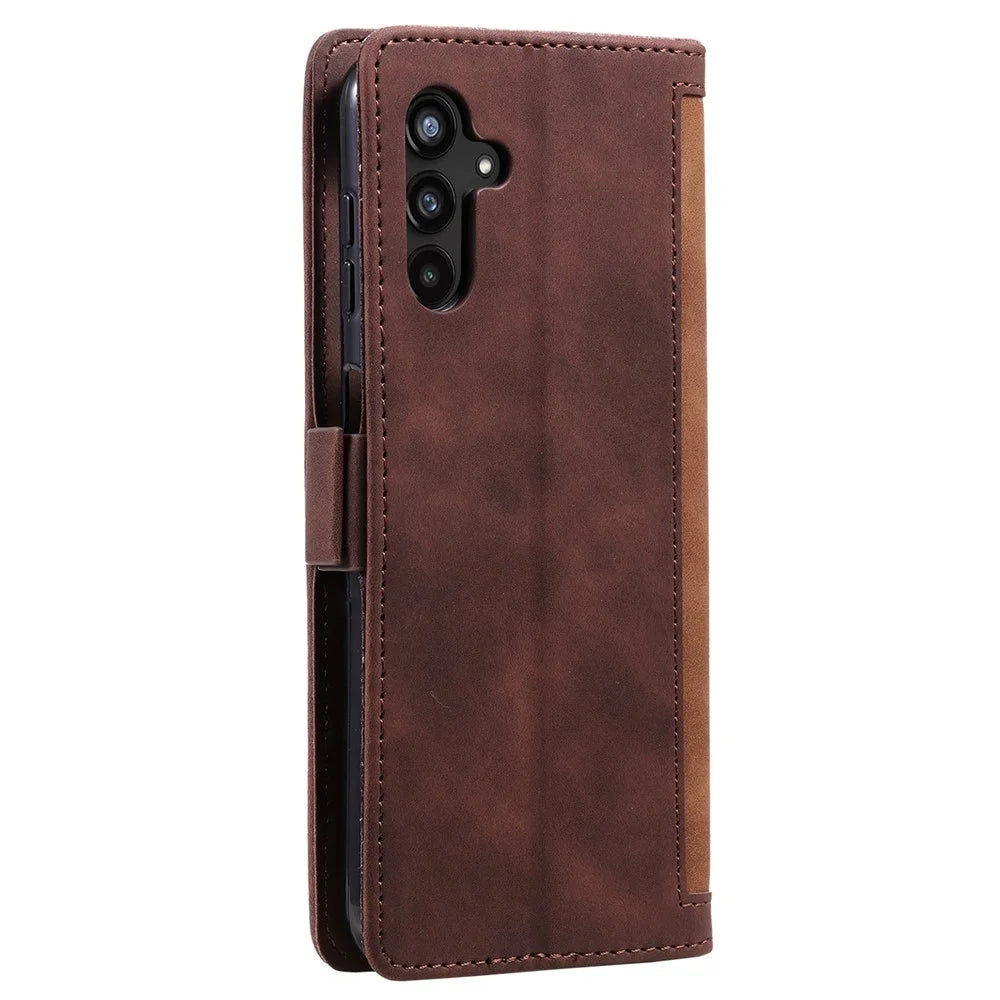 For Samsung Galaxy A25 5G (Global) (161.0 x 76.5 x 8.3mm) Retro Case Color Splicing Stand Wallet Flip PU Leather Cover with Wrist Strap - Brown - 6