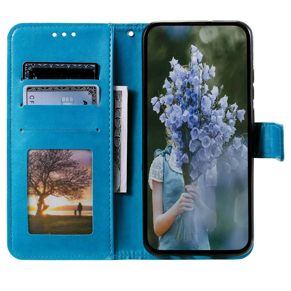 For Samsung Galaxy A25 5G (Global) (161.0 x 76.5 x 8.3mm) PU Leather Stand Cover Imprinted Flower Wallet Phone Case with Strap - Blue - 2