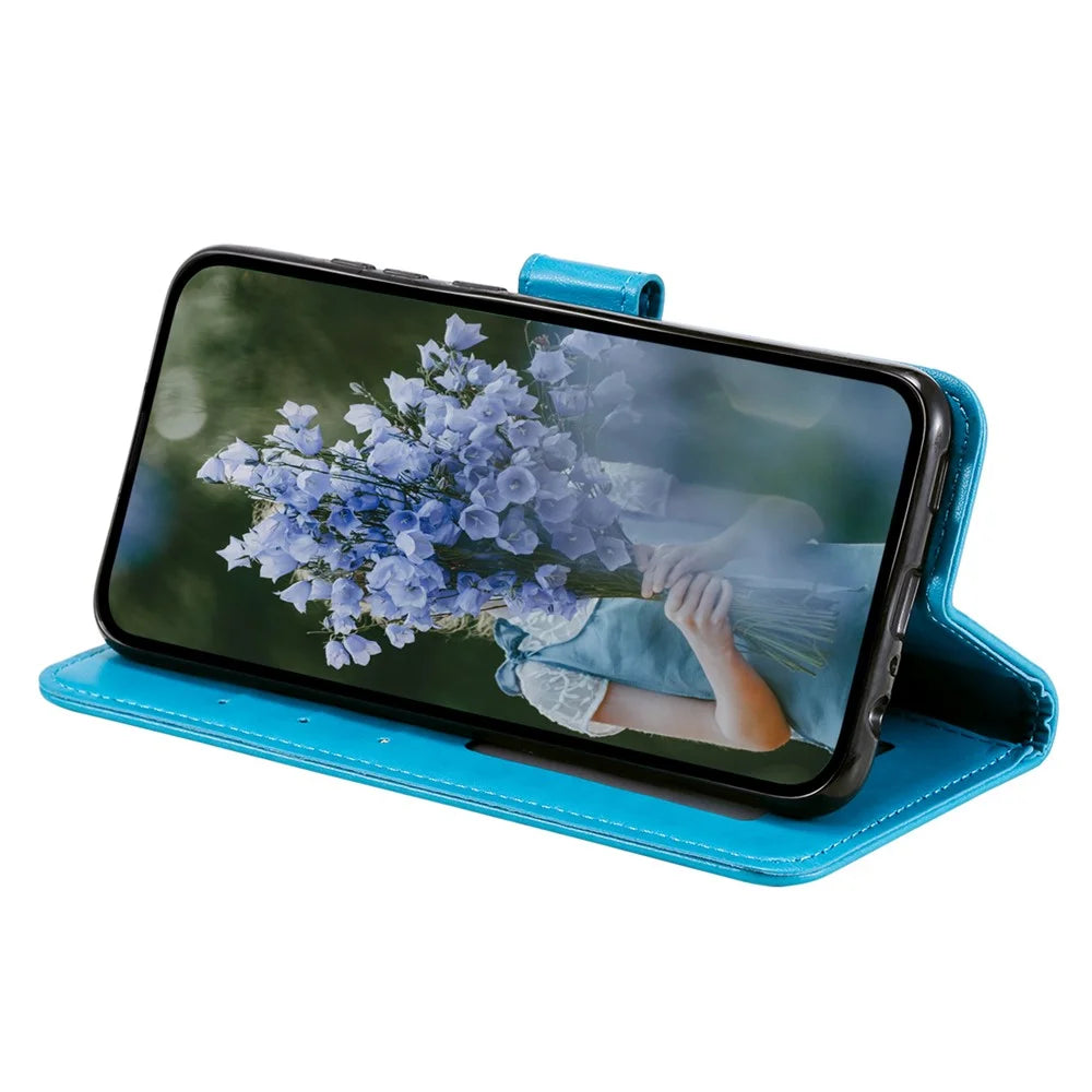 For Samsung Galaxy A25 5G (Global) (161.0 x 76.5 x 8.3mm) PU Leather Stand Cover Imprinted Flower Wallet Phone Case with Strap - Blue - 3