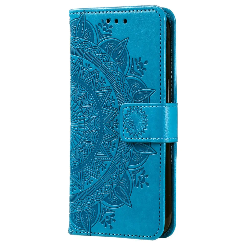 For Samsung Galaxy A25 5G (Global) (161.0 x 76.5 x 8.3mm) PU Leather Stand Cover Imprinted Flower Wallet Phone Case with Strap - Blue - 5