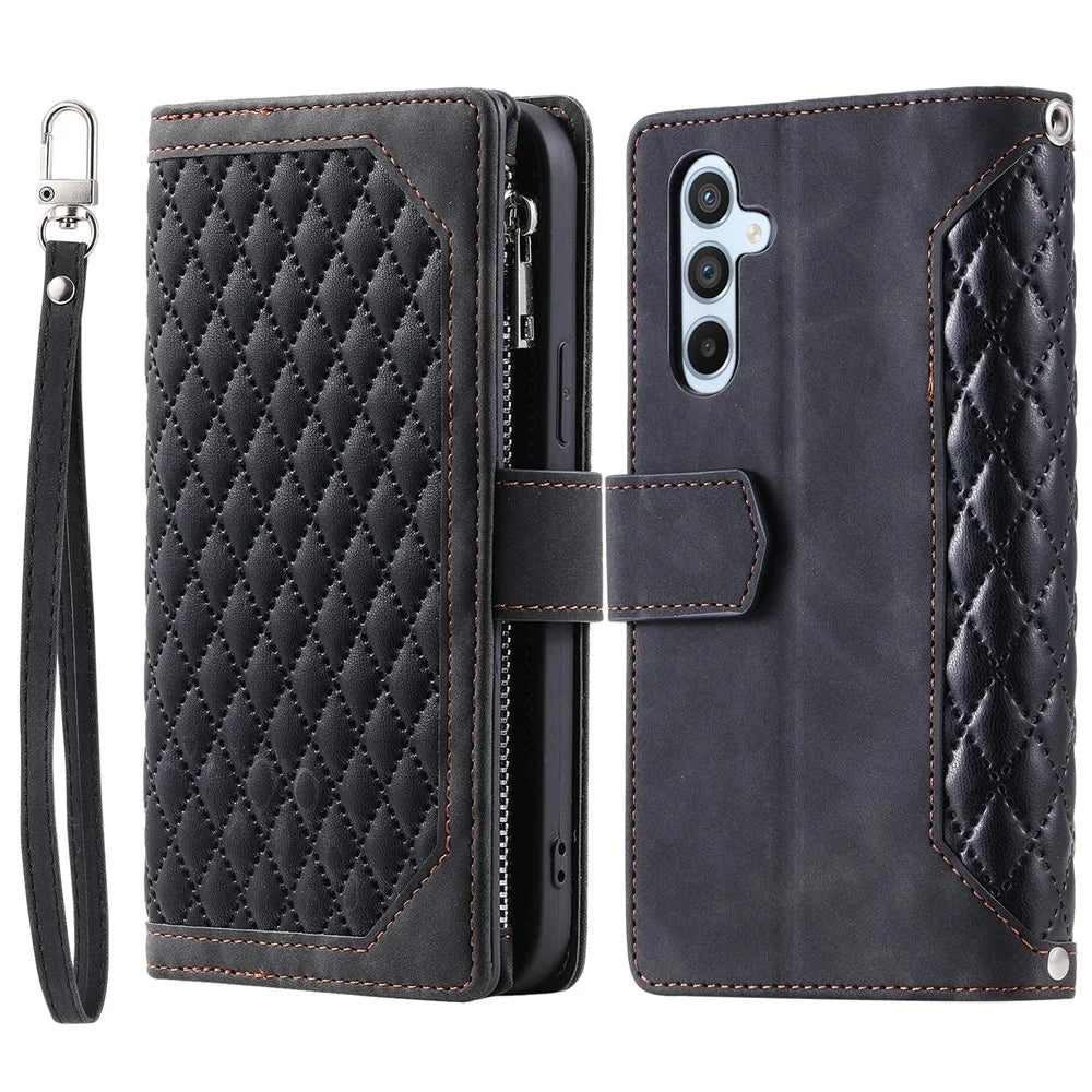 For Samsung Galaxy A25 5G (Global) (161.0 x 76.5 x 8.3mm) Rhombus Texture PU Leather Phone Case Shell Wallet Stand Cover with Hand Strap - Black - 1