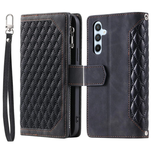 For Samsung Galaxy A25 5G (Global) (161.0 x 76.5 x 8.3mm) Rhombus Texture PU Leather Phone Case Shell Wallet Stand Cover with Hand Strap - Black - 1