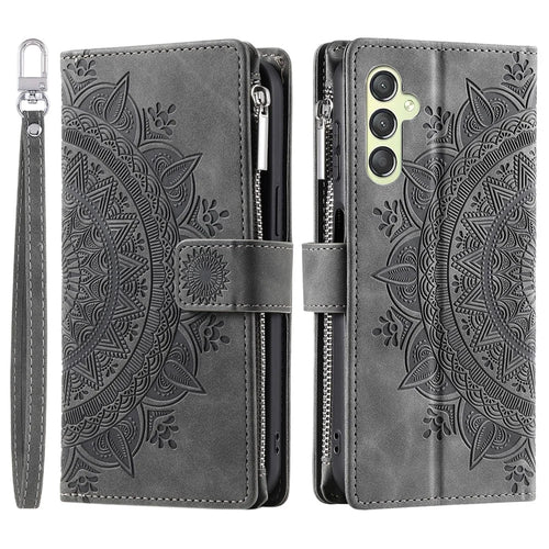 Phone Case for Samsung Galaxy S23 FE ,  Wallet PU Leather Stand Shell Multiple Card Slots Imprinted Cover with Strap - Grey - 1