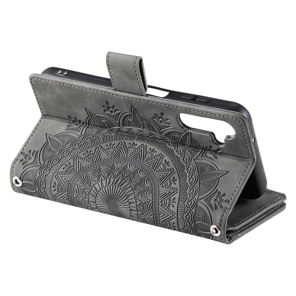 Phone Case for Samsung Galaxy S23 FE ,  Wallet PU Leather Stand Shell Multiple Card Slots Imprinted Cover with Strap - Grey - 3