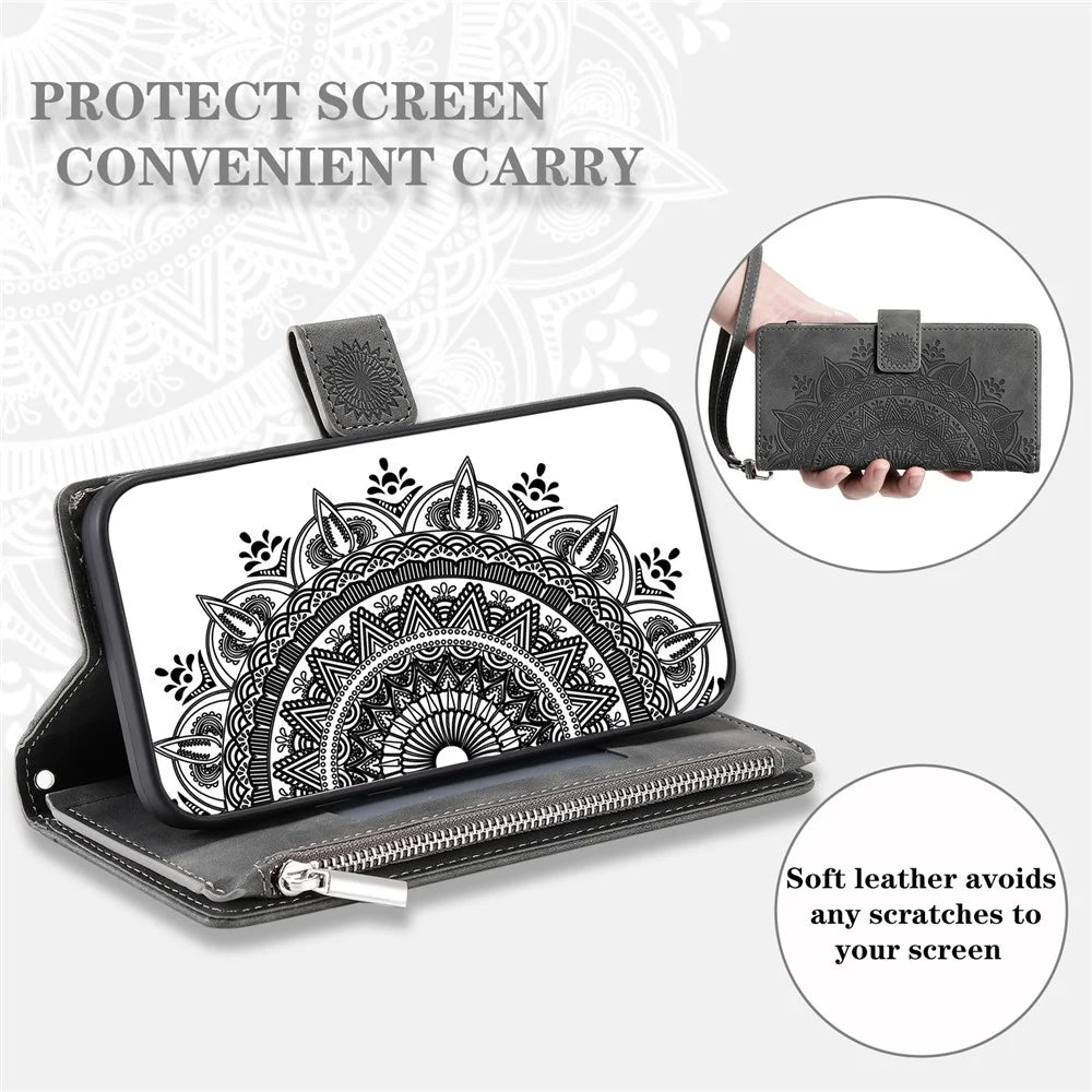 Phone Case for Samsung Galaxy S23 FE ,  Wallet PU Leather Stand Shell Multiple Card Slots Imprinted Cover with Strap - Grey - 4