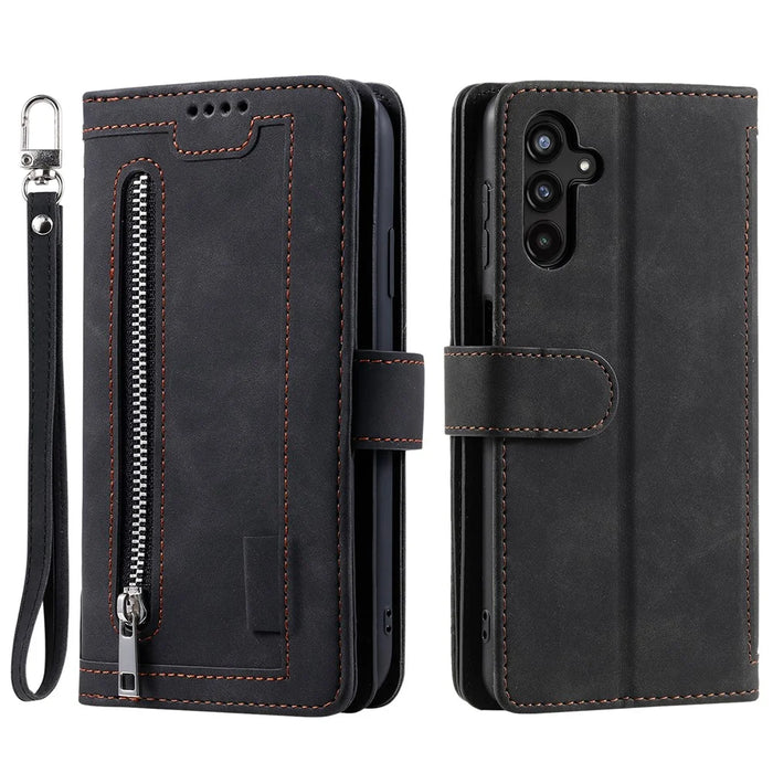 For Samsung Galaxy S23 FE Zipper Pocket PU Leather Phone Case 9 Card Slots Protective Cover - Black - 1