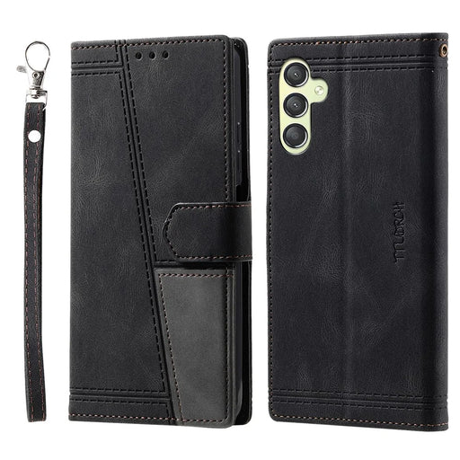 TTUDRCH Style 004 for Samsung Galaxy S23 FE Wrist Strap Splicing PU Leather Case RFID Blocking Wallet Foldable Stand Cover - Black - 1