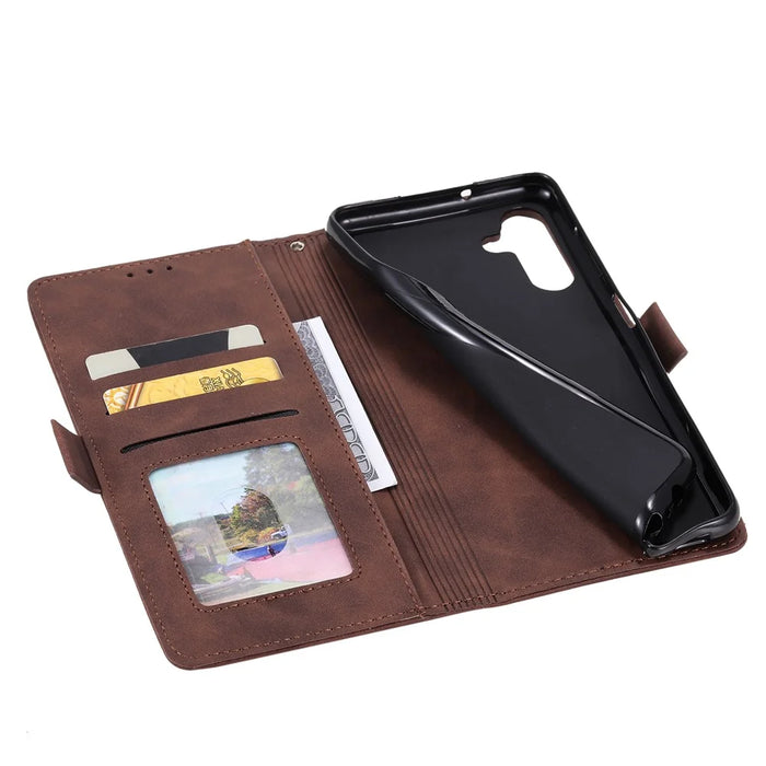 For Samsung Galaxy S23 FE Stand Wallet Flip Cover PU Leather Retro Case Color Splicing Shell with Wrist Strap - Brown - 4