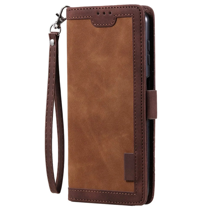 For Samsung Galaxy S23 FE Stand Wallet Flip Cover PU Leather Retro Case Color Splicing Shell with Wrist Strap - Brown - 5