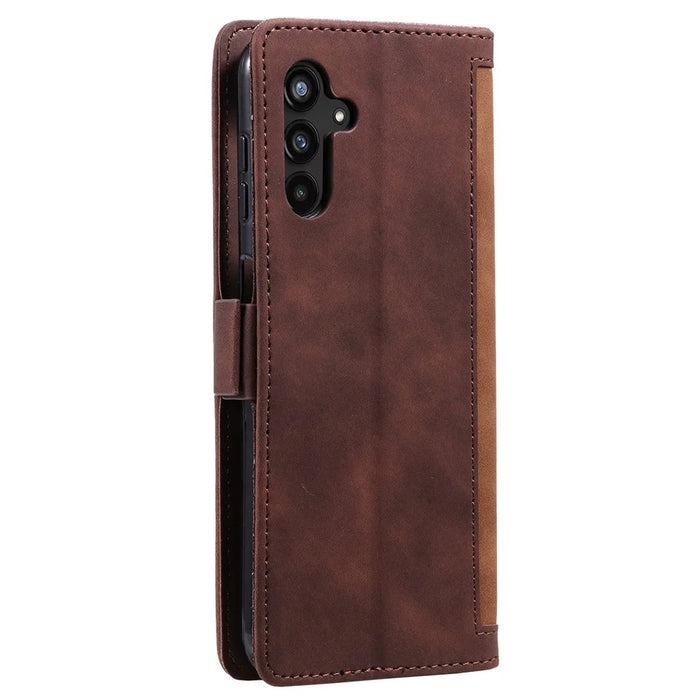 For Samsung Galaxy S23 FE Stand Wallet Flip Cover PU Leather Retro Case Color Splicing Shell with Wrist Strap - Brown - 6