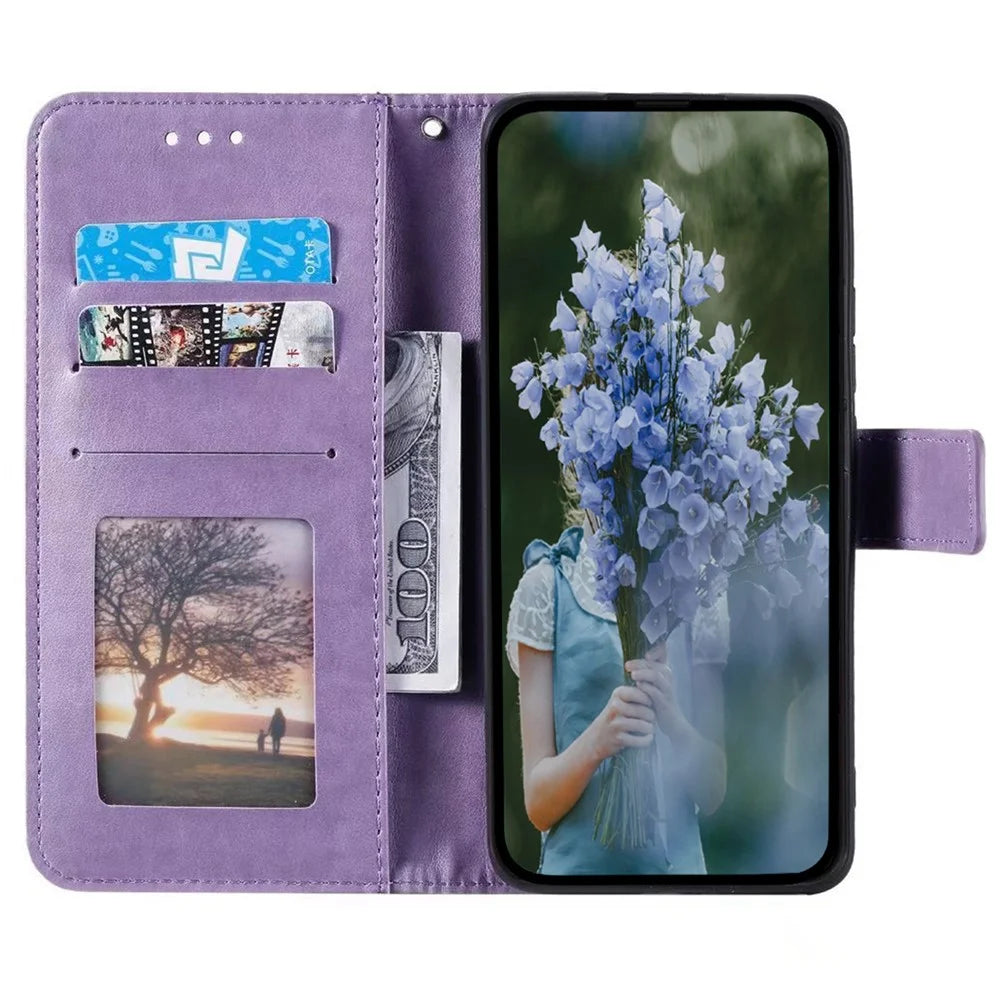 For Samsung Galaxy S23 FE Anti-Scratch PU Leather Cover Imprinted Mandala Flower Wallet Phone Stand Case with Strap - Purple - 2