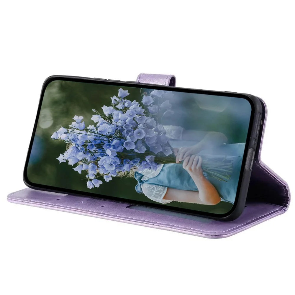 For Samsung Galaxy S23 FE Anti-Scratch PU Leather Cover Imprinted Mandala Flower Wallet Phone Stand Case with Strap - Purple - 3