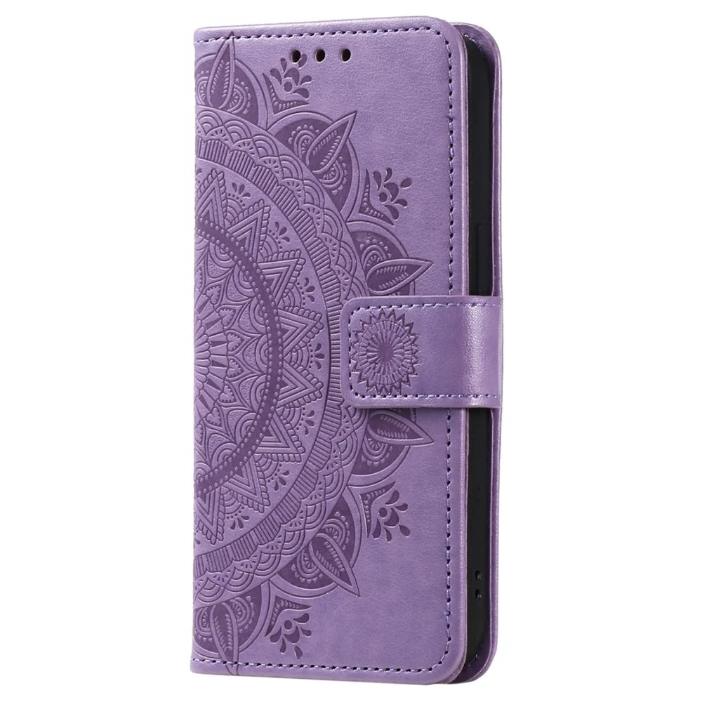 For Samsung Galaxy S23 FE Anti-Scratch PU Leather Cover Imprinted Mandala Flower Wallet Phone Stand Case with Strap - Purple - 5