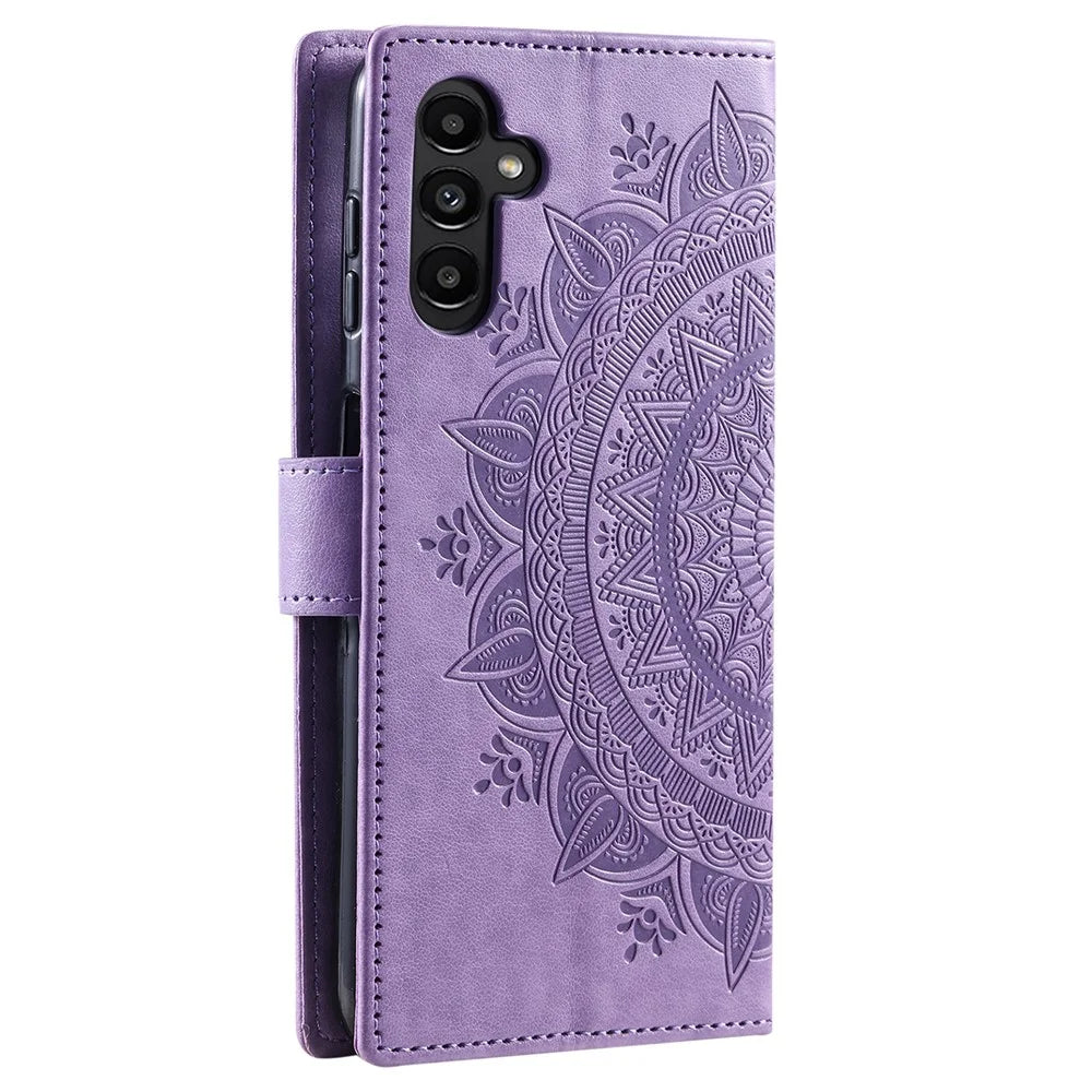 For Samsung Galaxy S23 FE Anti-Scratch PU Leather Cover Imprinted Mandala Flower Wallet Phone Stand Case with Strap - Purple - 6