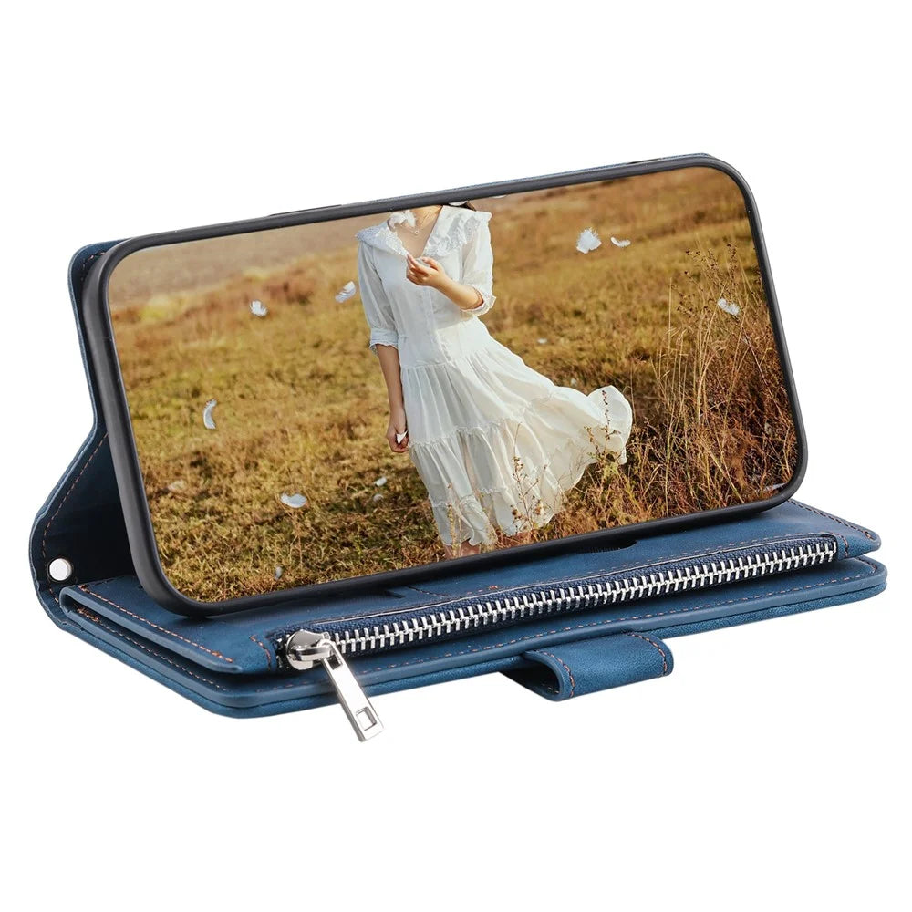 For Samsung Galaxy S23 FE PU Leather Phone Case Shell Rhombus Texture Zipper Pocket Wallet Stand Cover - Blue - 3