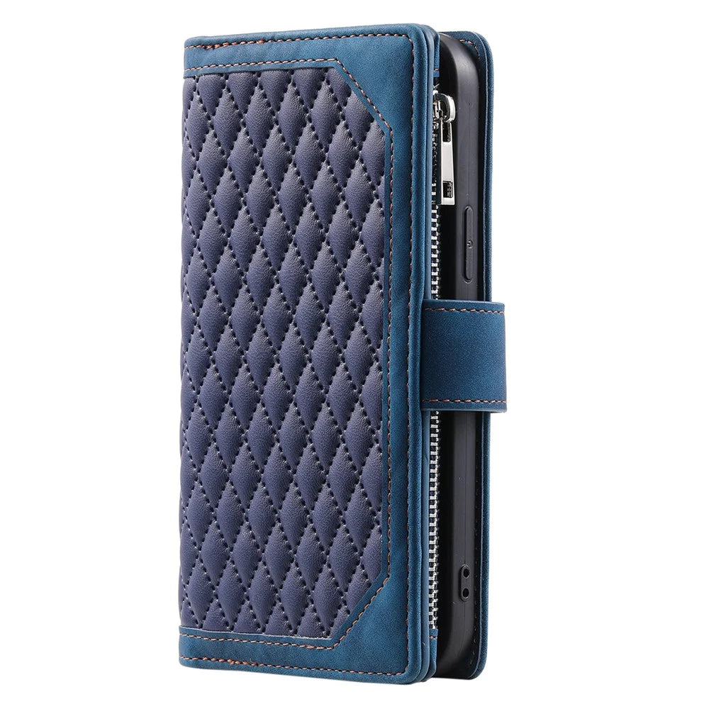 For Samsung Galaxy S23 FE PU Leather Phone Case Shell Rhombus Texture Zipper Pocket Wallet Stand Cover - Blue - 7