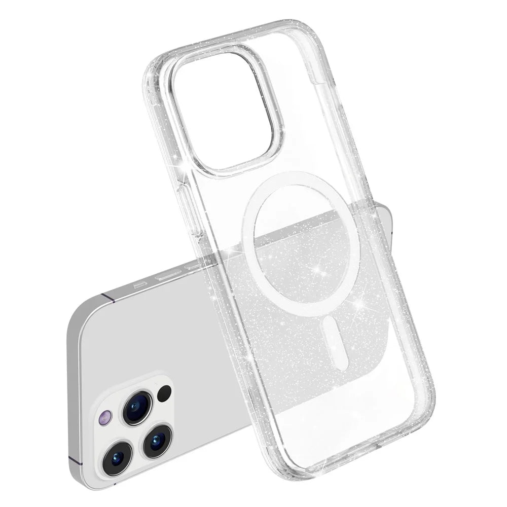 Glitter Magnetic Case for iPhone 15 Pro Max , Hard PC + Soft TPU Compatible with MagSafe Phone Cover - White - 5