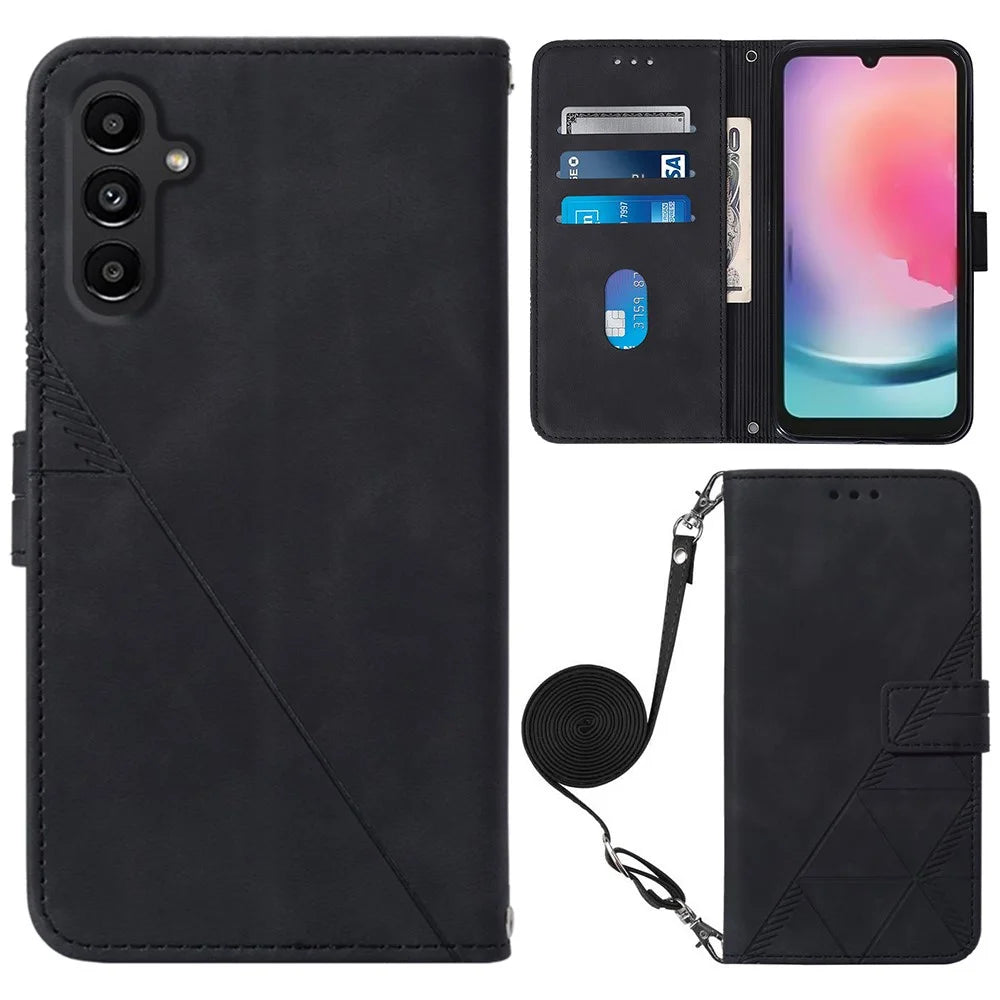 For Samsung Galaxy S23 FE Leather Case with Shoulder Strap Wallet Stand Phone Cover - Black - 1