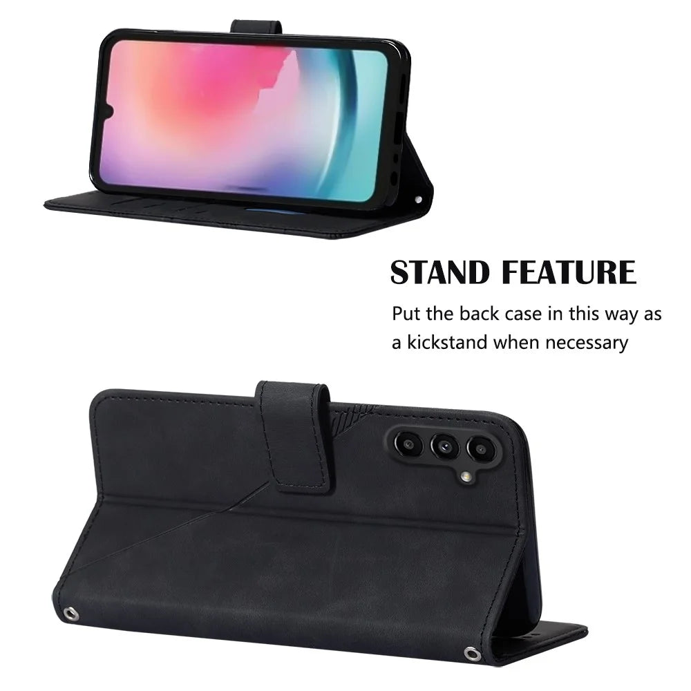 For Samsung Galaxy S23 FE Leather Case with Shoulder Strap Wallet Stand Phone Cover - Black - 3