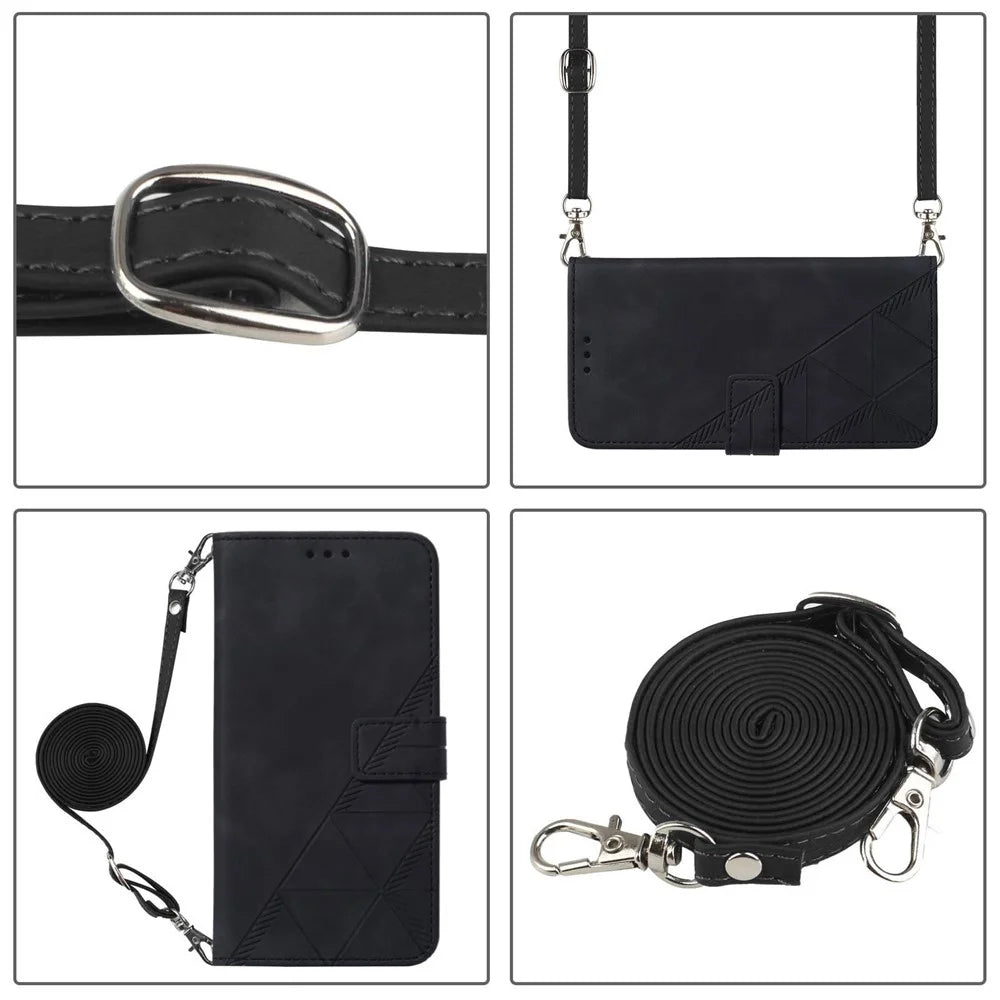 For Samsung Galaxy S23 FE Leather Case with Shoulder Strap Wallet Stand Phone Cover - Black - 5