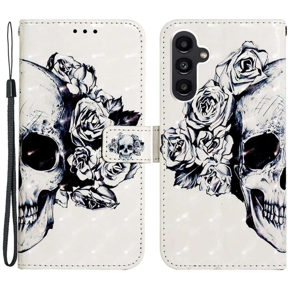 For Samsung Galaxy S23 FE Leather Case 3D Pattern Printing Wallet Stand Mobile Cover with Strap - Skull - 1