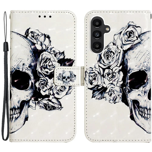 For Samsung Galaxy S23 FE Leather Case 3D Pattern Printing Wallet Stand Mobile Cover with Strap - Skull - 1