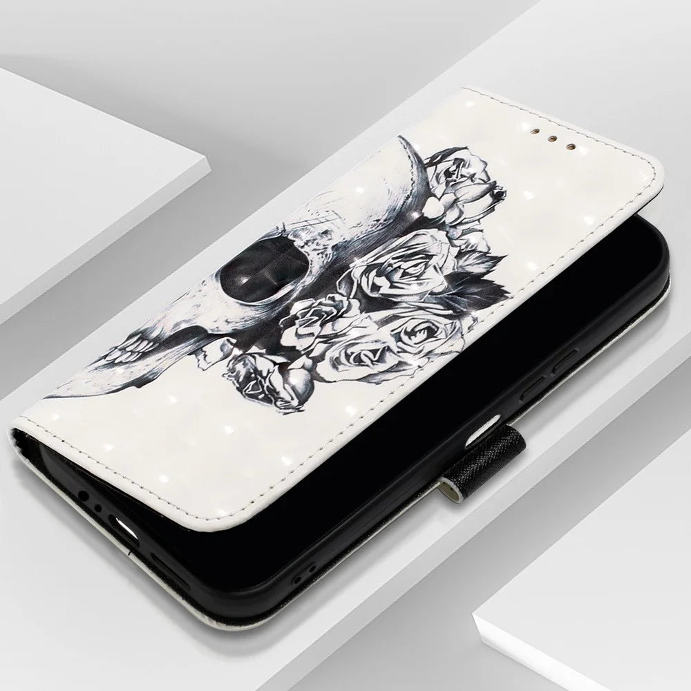For Samsung Galaxy S23 FE Leather Case 3D Pattern Printing Wallet Stand Mobile Cover with Strap - Skull - 4