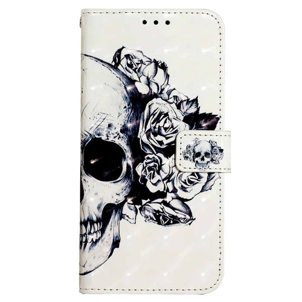For Samsung Galaxy S23 FE Leather Case 3D Pattern Printing Wallet Stand Mobile Cover with Strap - Skull - 5