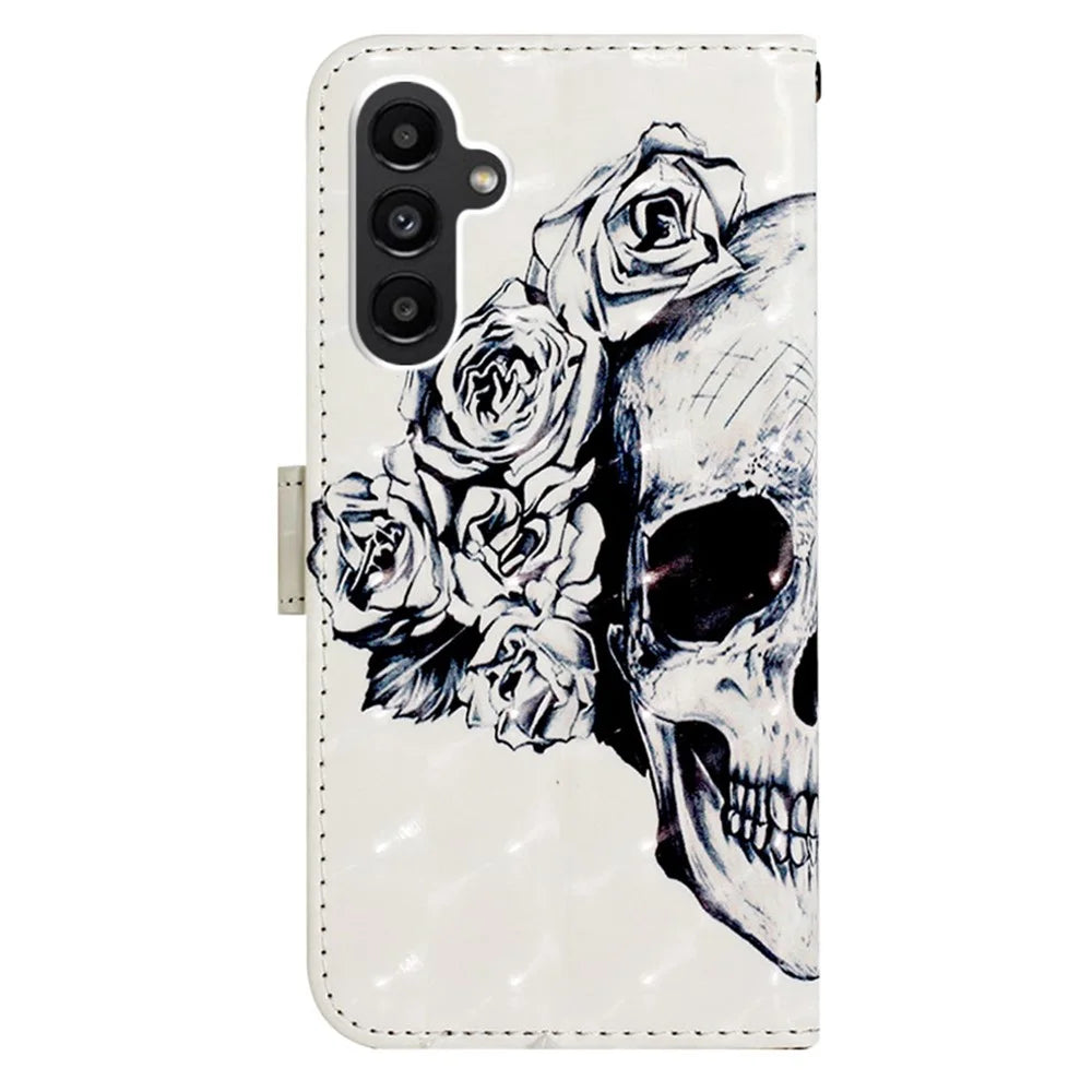 For Samsung Galaxy S23 FE Leather Case 3D Pattern Printing Wallet Stand Mobile Cover with Strap - Skull - 6