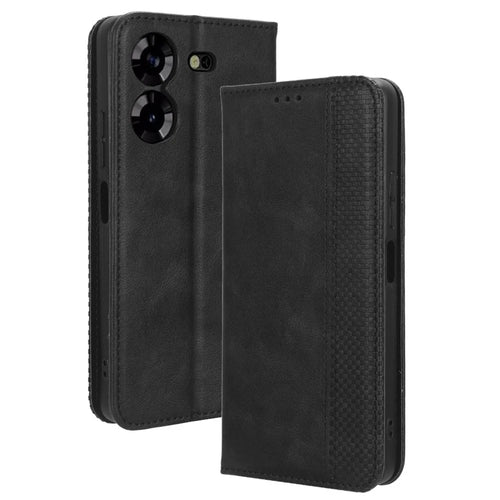 Magnetic Phone Case for TECNO Pova 5 4G / LH7N Phone Cover Stand Wallet Retro PU Leather Shell - Black - 1