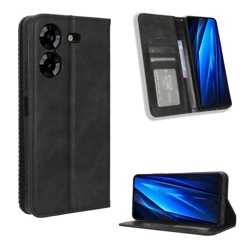 Magnetic Phone Case for TECNO Pova 5 4G / LH7N Phone Cover Stand Wallet Retro PU Leather Shell - Black - 5
