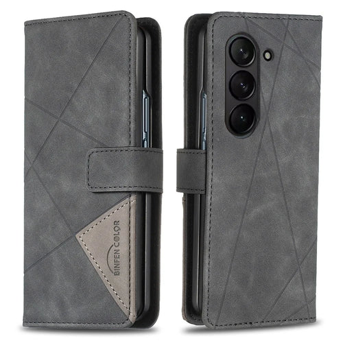 BINFEN COLOR BF05 For Samsung Galaxy Z Fold5 5G Imprint Stand Phone Case PU Leather Wallet Cover - Black - 1