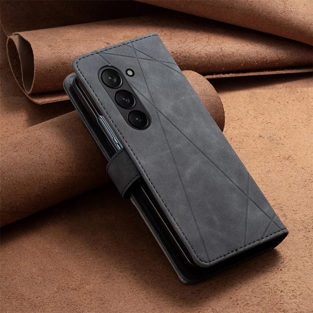 BINFEN COLOR BF05 For Samsung Galaxy Z Fold5 5G Imprint Stand Phone Case PU Leather Wallet Cover - Black - 6