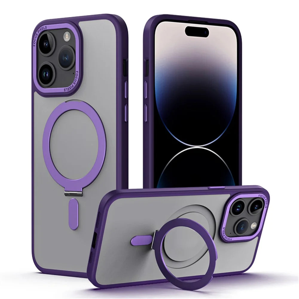 Magnetic Case for iPhone 15 Pro , Matte TPU+Acrylic Ring Kickstand Phone Cover - Purple - 2