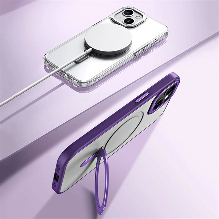 Kickstand Magnetic Case for iPhone 15 Plus , Shockproof TPU+Acrylic Matte Phone Cover - Purple - 3