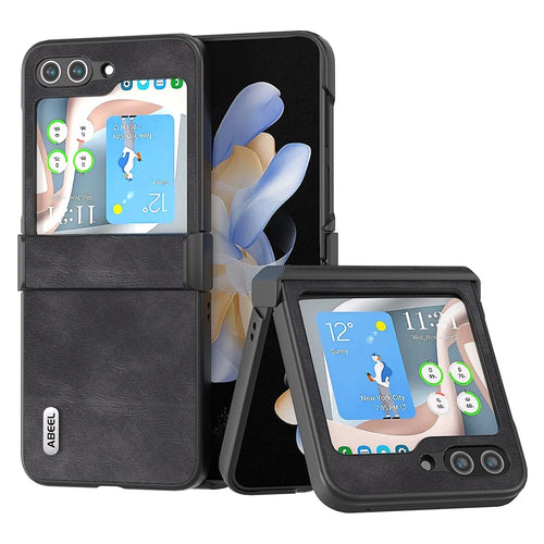 ABEEL Hinge Design Phone Case for Samsung Galaxy Z Flip5 5G , Cowhide Texture PU Leather + PC Cover - Black - 1