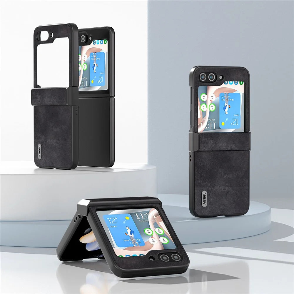 ABEEL Hinge Design Phone Case for Samsung Galaxy Z Flip5 5G , Cowhide Texture PU Leather + PC Cover - Black - 2