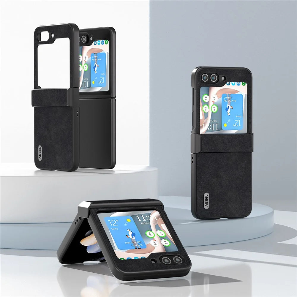 ABEEL Textured Phone Case for Samsung Galaxy Z Flip5 5G , PU Leather Coated PC Cover with Hinge Protection - Black - 2