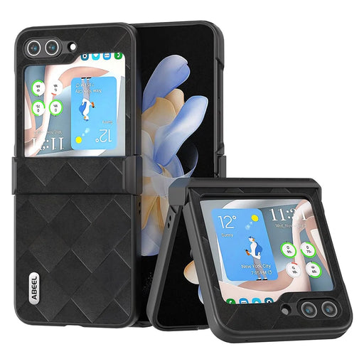 ABEEL For Samsung Galaxy Z Flip5 5G Leather Coated PC Phone Case Grid Texture Hinge Design Phone Cover - Black - 1