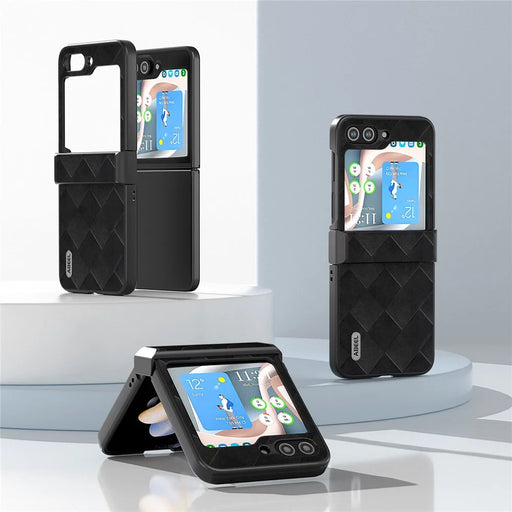 ABEEL For Samsung Galaxy Z Flip5 5G Leather Coated PC Phone Case Grid Texture Hinge Design Phone Cover - Black - 2