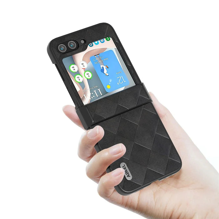 ABEEL For Samsung Galaxy Z Flip5 5G Leather Coated PC Phone Case Grid Texture Hinge Design Phone Cover - Black - 3