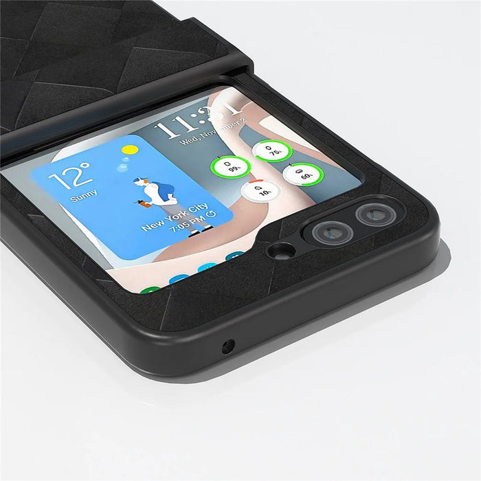 ABEEL For Samsung Galaxy Z Flip5 5G Leather Coated PC Phone Case Grid Texture Hinge Design Phone Cover - Black - 5