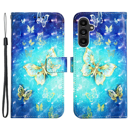 For Samsung Galaxy A24 4G (162.1mm) Leather Case 3D Pattern Printing Wallet Stand Mobile Cover with Strap - Golden Butterflies - 1