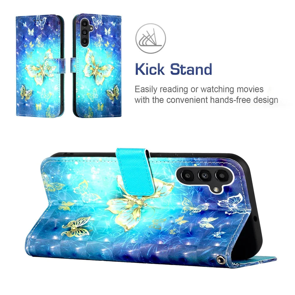 For Samsung Galaxy A24 4G (162.1mm) Leather Case 3D Pattern Printing Wallet Stand Mobile Cover with Strap - Golden Butterflies - 4