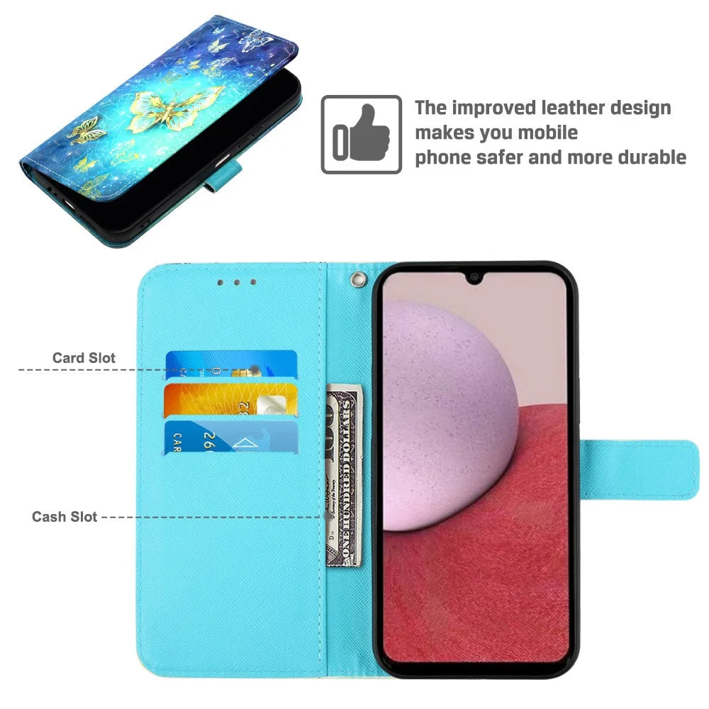 For Samsung Galaxy A24 4G (162.1mm) Leather Case 3D Pattern Printing Wallet Stand Mobile Cover with Strap - Golden Butterflies - 5