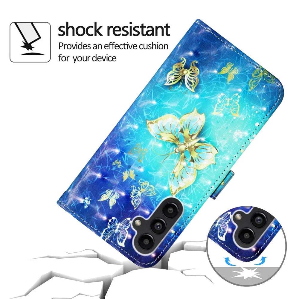 For Samsung Galaxy A24 4G (162.1mm) Leather Case 3D Pattern Printing Wallet Stand Mobile Cover with Strap - Golden Butterflies - 6