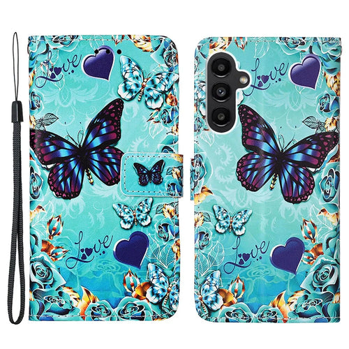 For Samsung Galaxy A24 4G (162.1mm) Leather Case with Strap and Card Holder Pattern Printing Phone Stand Cover - Butterfly and Heart - 1